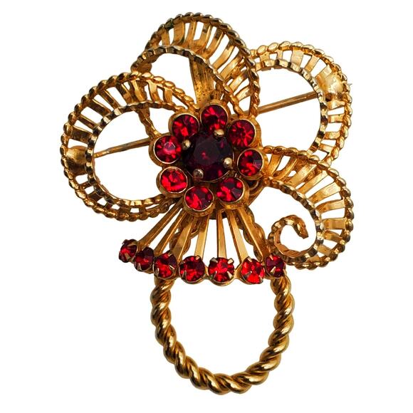 Red Rhinestone Brooch Twisted Wire Ribbon Bow Pin Pendant Vintage 1960s - Picture 1 of 7